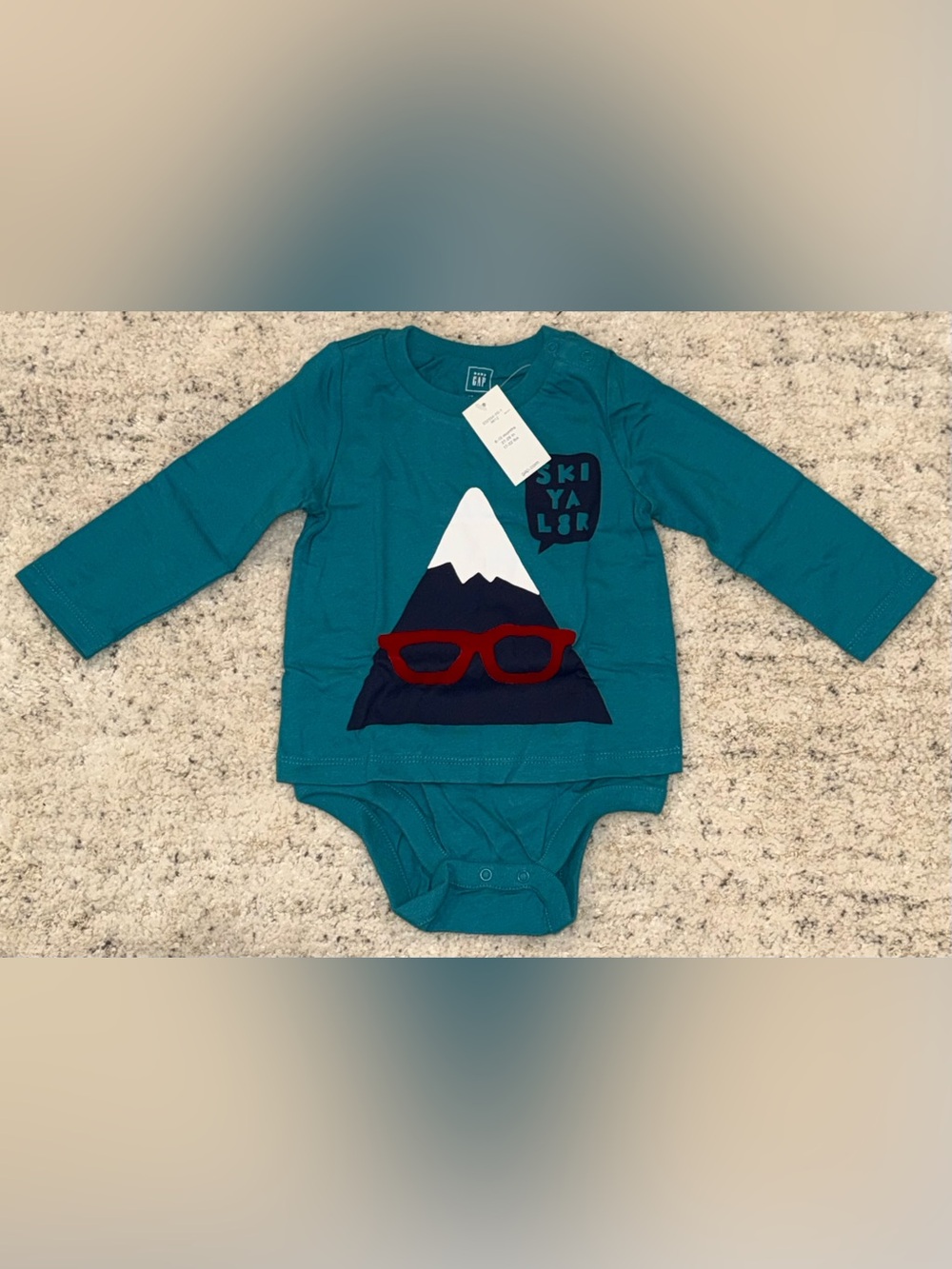 Baby Gap 6-12 Months Layered Bodysuit Shirt Teal Mountain Ski Ya Later NWT